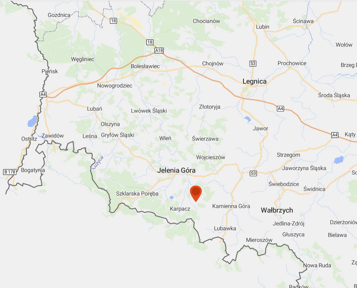 Mapa lokalizacji osiedla BergMont w Kowarach przy ul. Sanatoryjnej (dzielnica Wojków)