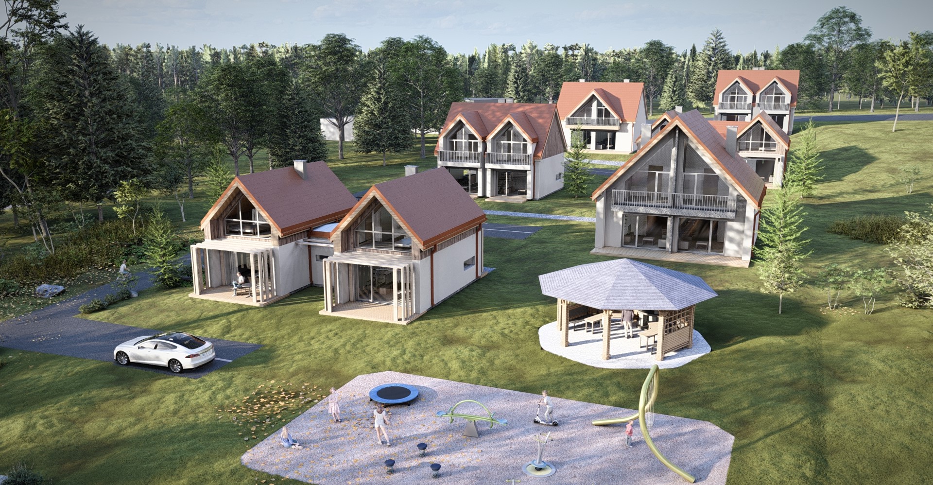 Panoramiczny widok osiedla BergMont w Kowarach, zabudowa bliźniacza w otoczeniu zieleni